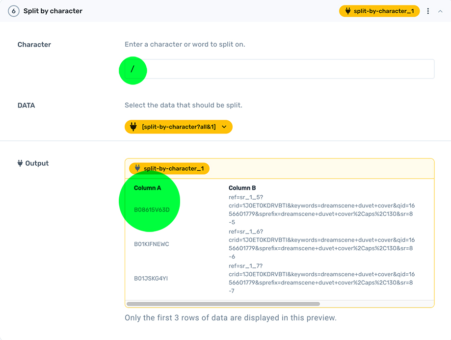 Split character step extracting ASIN from Amazo using Axiom.ai's no code bot builder