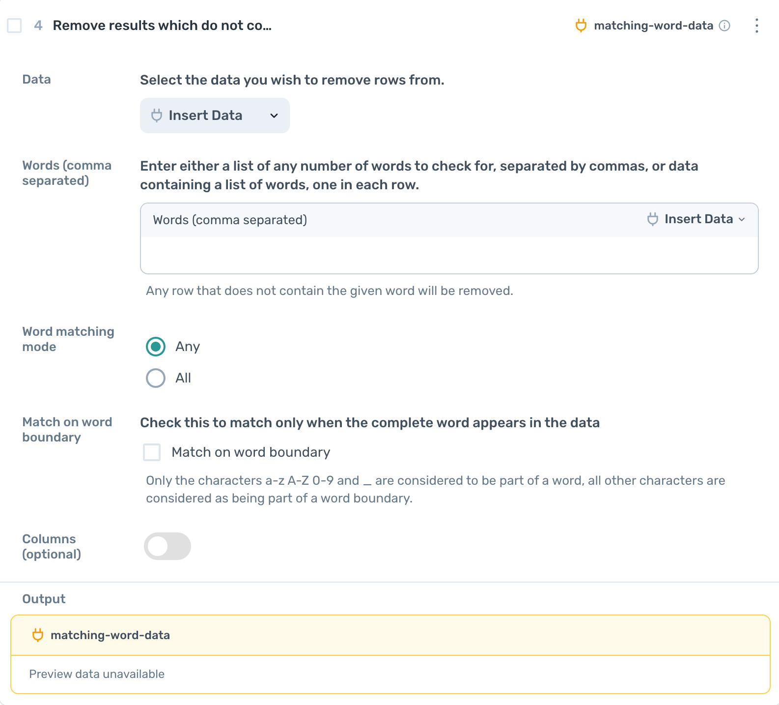 axiom.ai remove results that contain certain words step