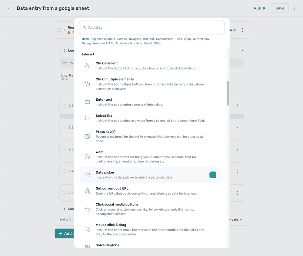 Axiom.ai add interact steps with the step finder