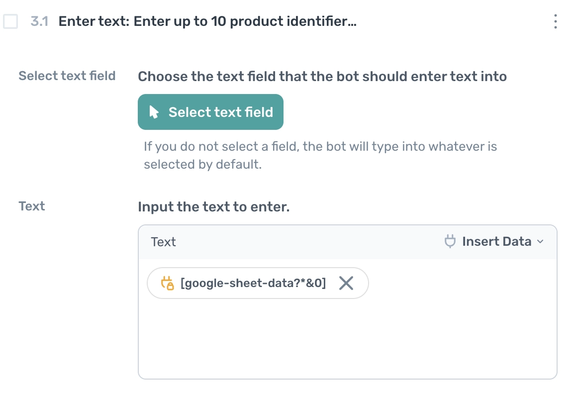 Axiom.ai using the enter text step to enter ASINs in the Cerebro search field