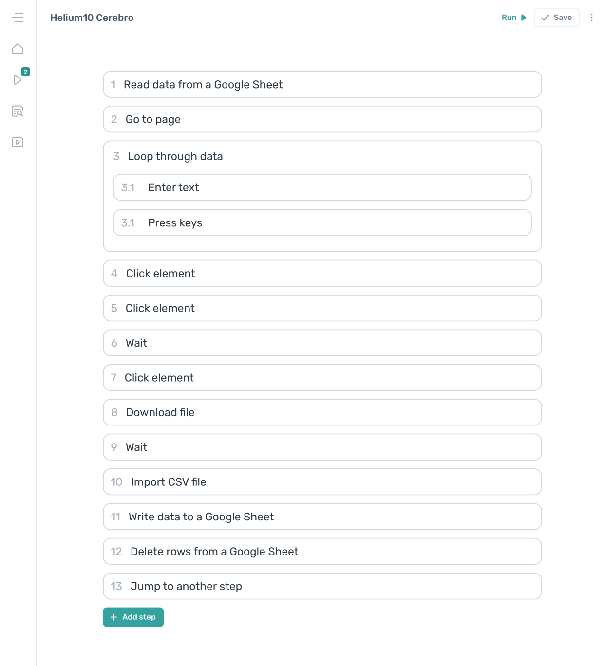 Axiom.ai design pattern for building a bot to automate dat extraction from helium10 tool Cerebro