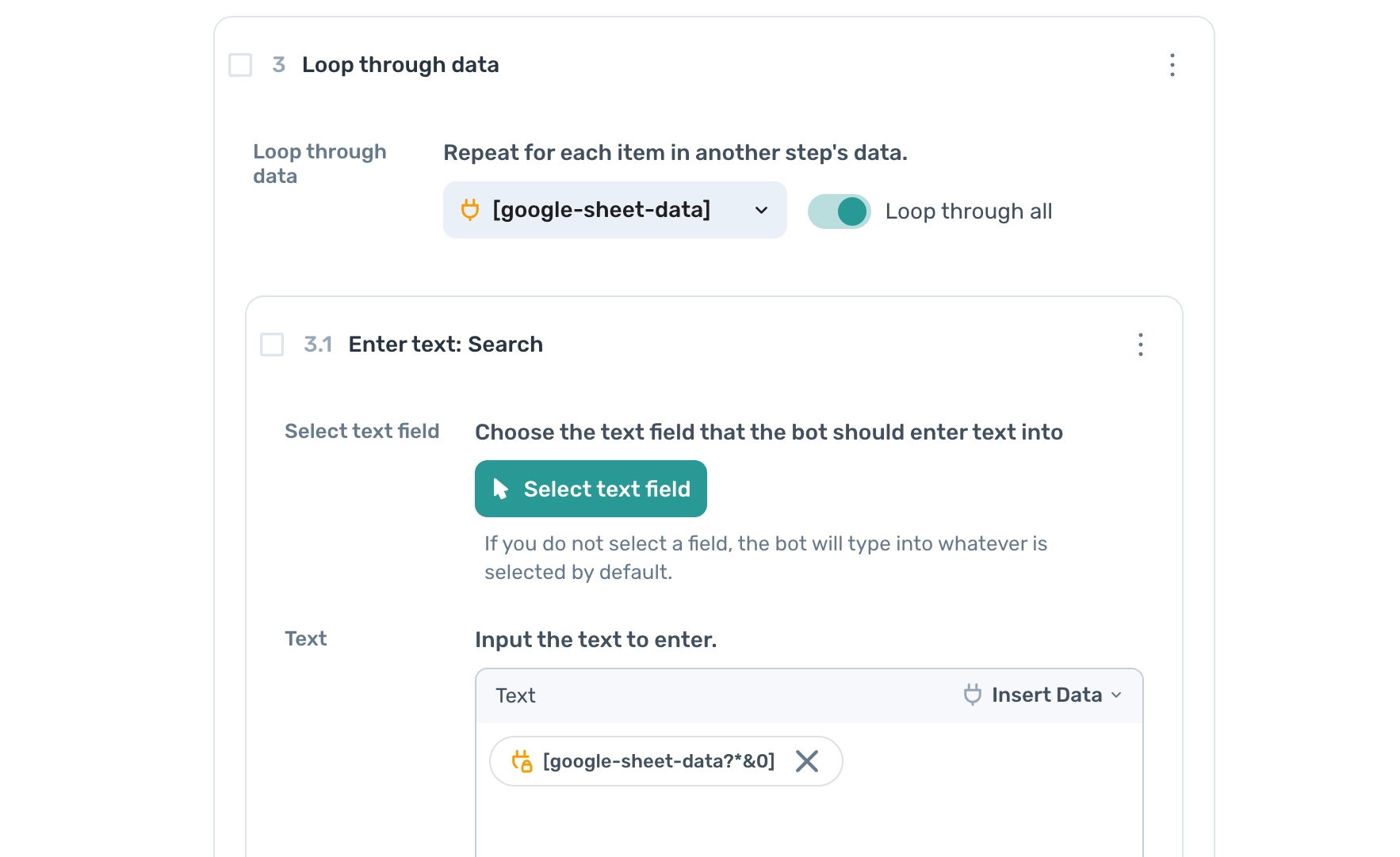 Axiom.ai using the enter text step to input search terms in the Google Transparency Report page