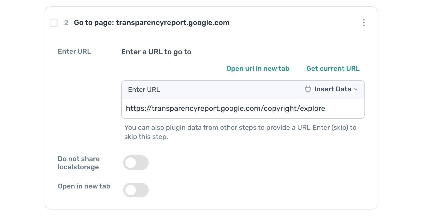 Axiom.ai using the go-to page step to load the Transparency Report page