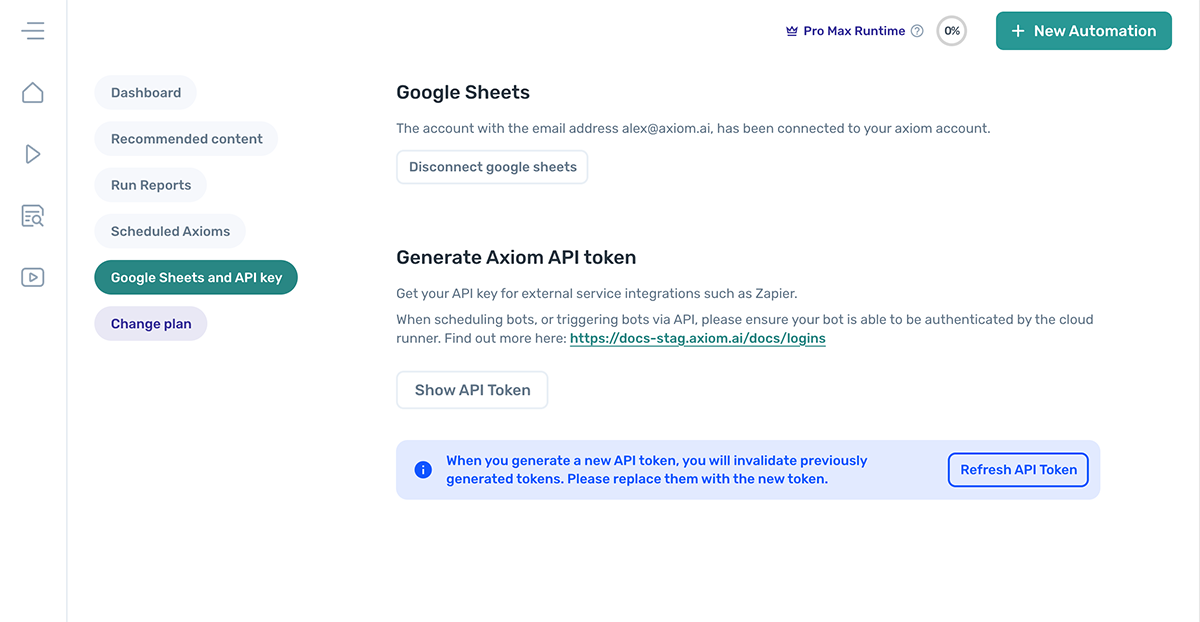 axiom.ai's dashboard Google Sheets and API key