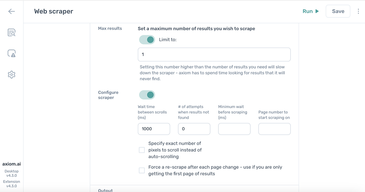 optimise the configuration of the axiom.ai web scraper in order to speed it up