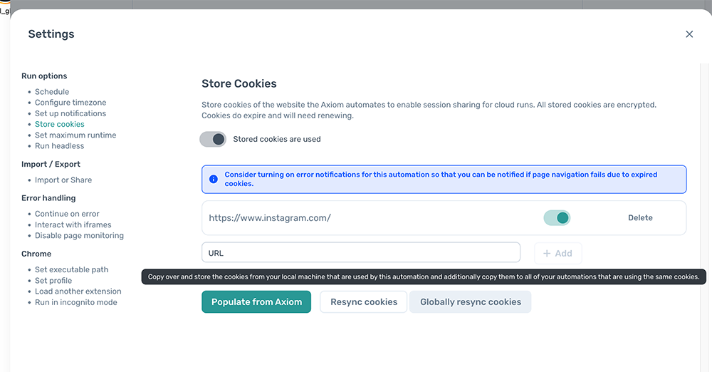 restore broken cookies - axiom.ai